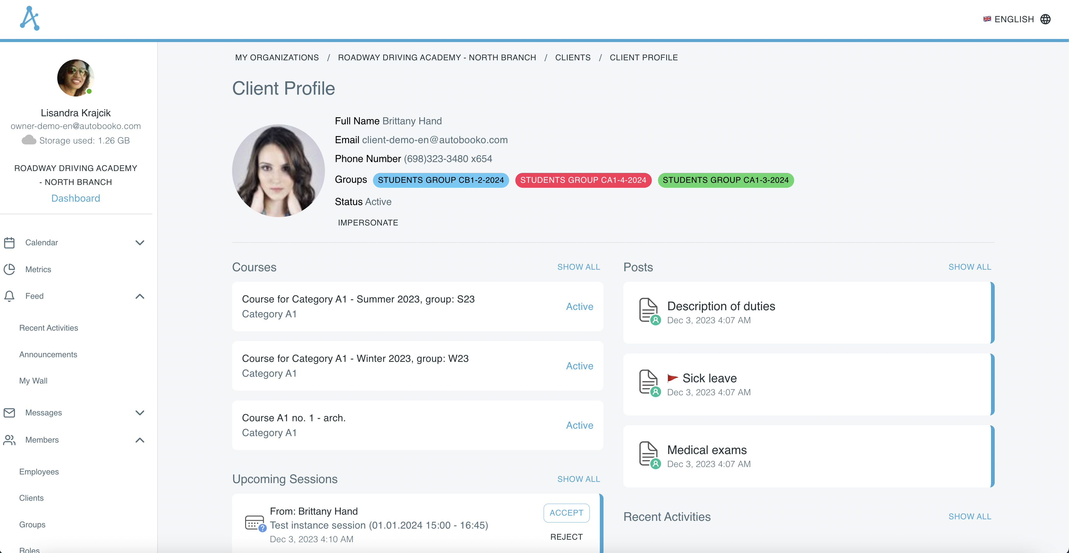 Client profile webpage with personal data, posts, recent activities, related courses, upcoming sessions