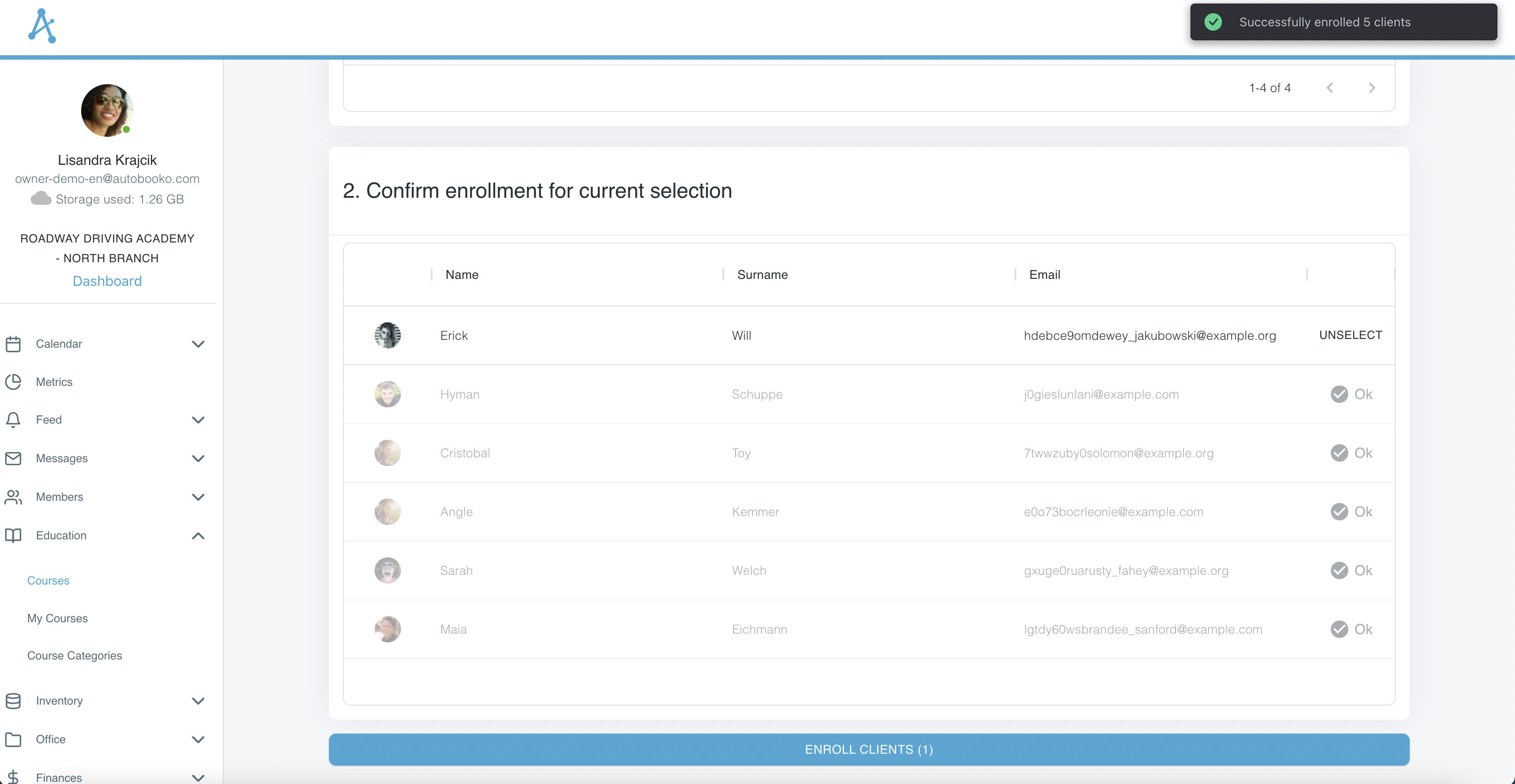 List of clients selected to be assigned to a course