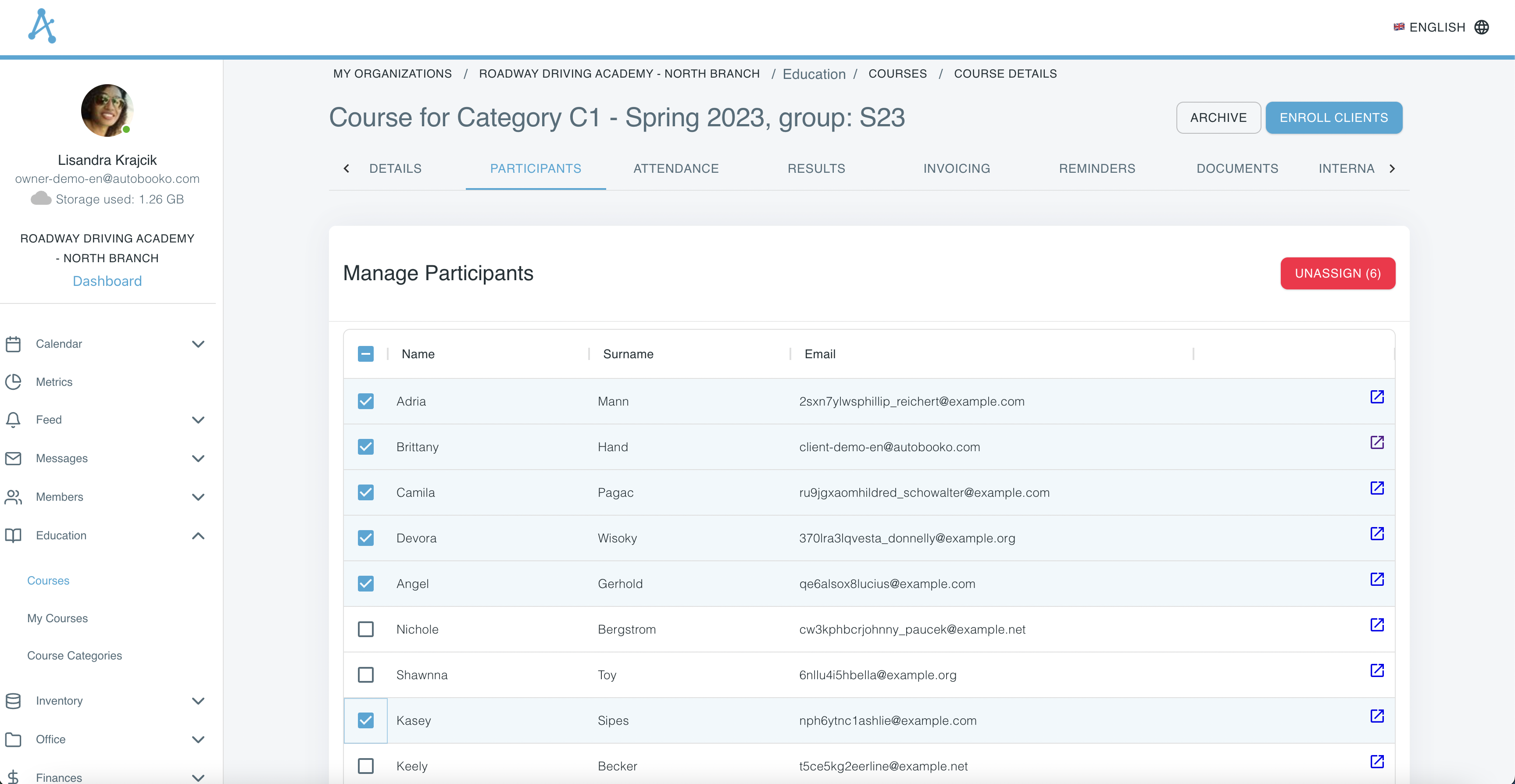 List of course participants selected to be removed from a course